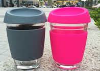 Customize Glass Coffee Cup With Silicon Lid / Drinking Glass Cup With Silicon Case