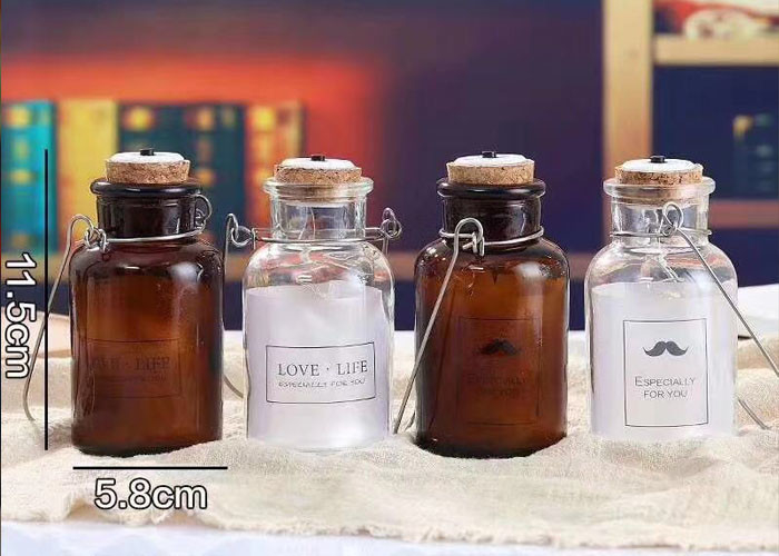 Cork And Iron Handle Glass Candle Jars For Light Bulb / Brown Glass Container