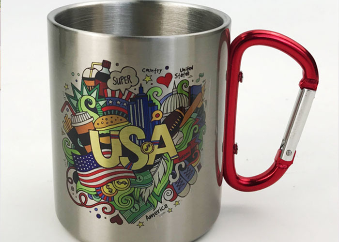350ml Stainless Water Cup With Carabiner / Stainless Steel Cups Color Logo Customized